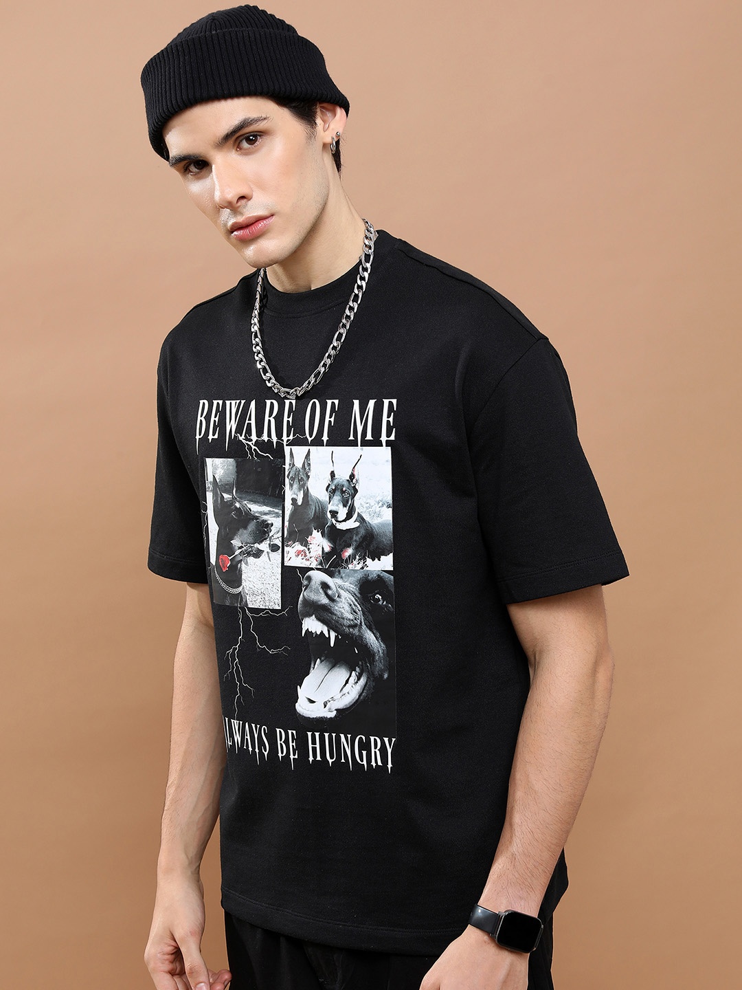 

HIGHLANDER Typography Printed Raw Edge Drop Shoulder Oversized T-shirt, Black