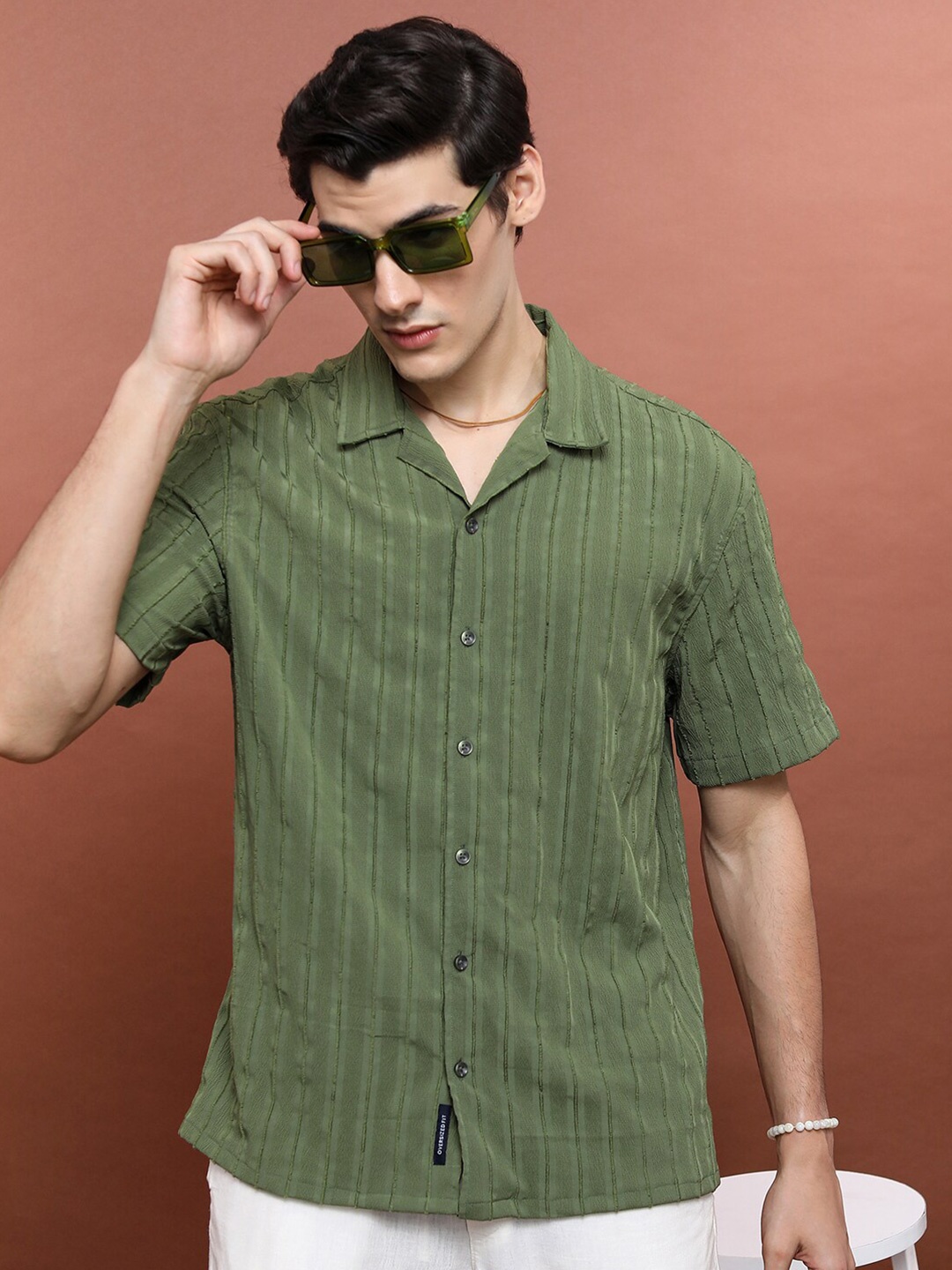 

HIGHLANDER Vertical Stripes Cuban Collar Oversized Casual Shirt, Olive