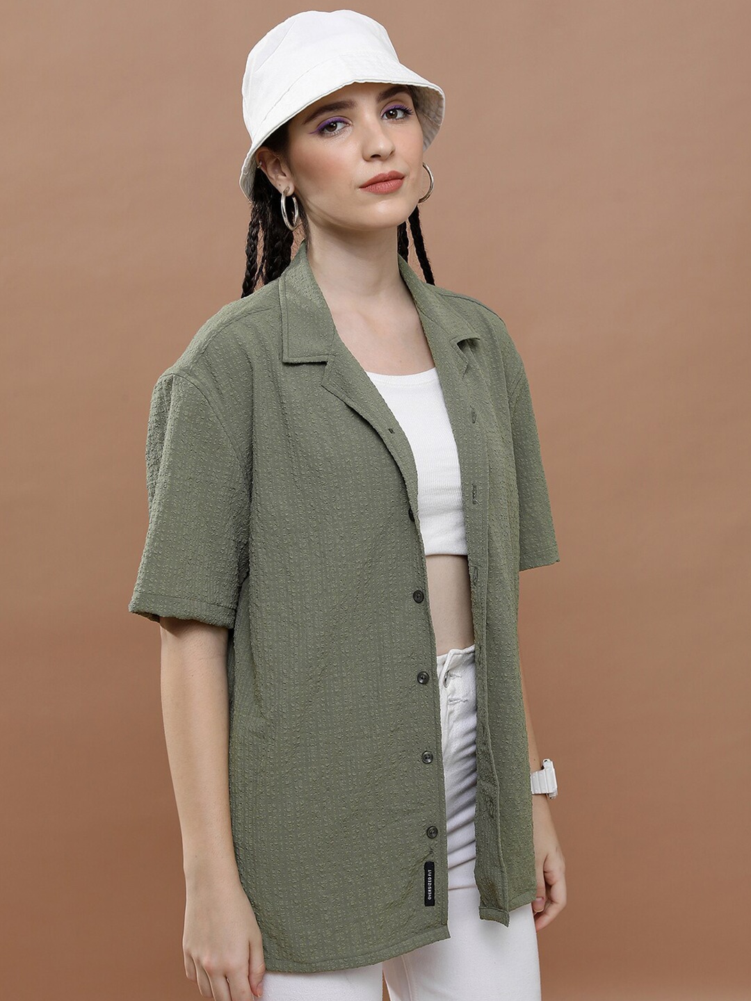 

HIGHLANDER Unisex Textured Satin Drop-Shoulder Oversized Casual Shirt, Olive