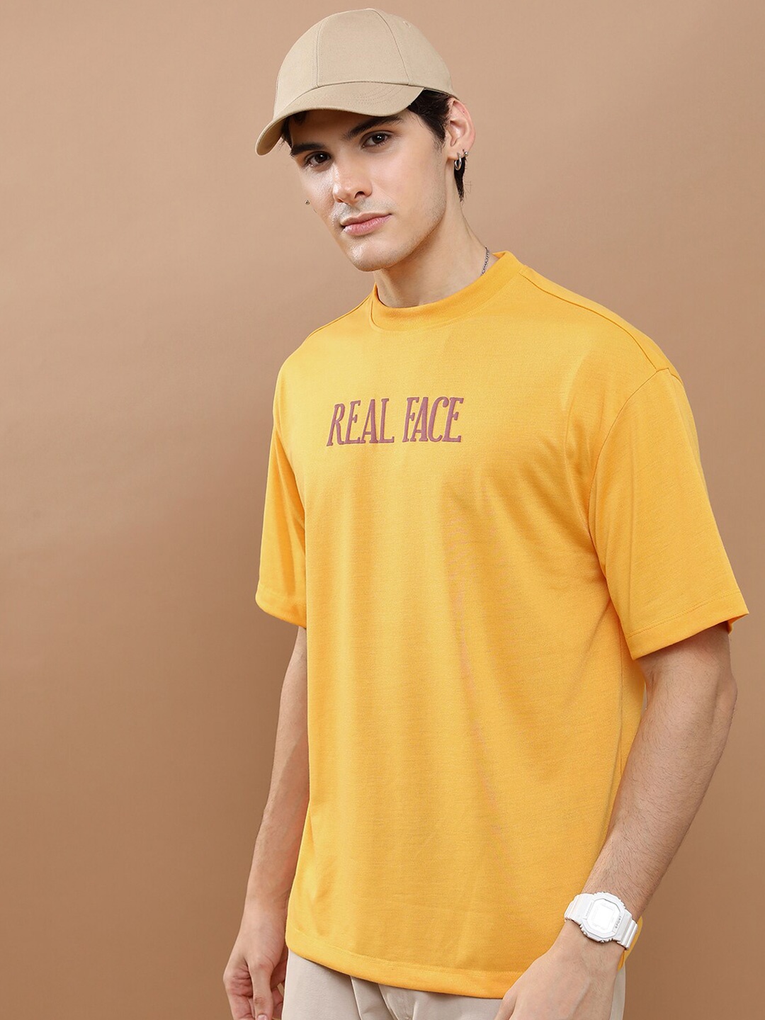 

HIGHLANDER Unisex Typography Printed Applique Drop-Shoulder Oversized T-shirt, Yellow
