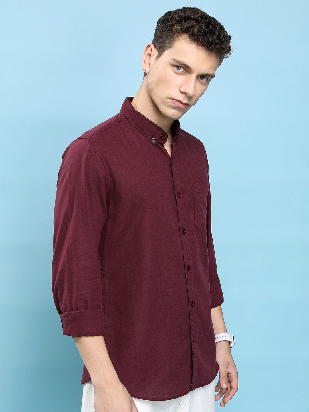 

HIGHLANDER Burgundy Slim Button-Down Collar Long Sleeve Pocket Cotton Casual Shirt