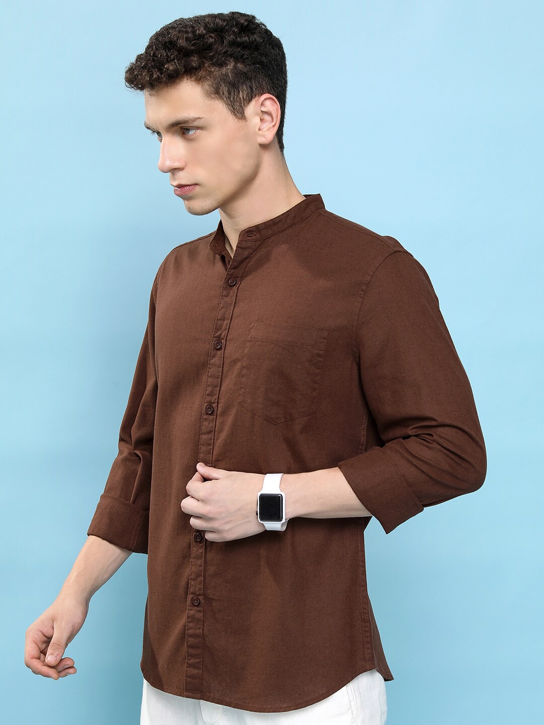 

HIGHLANDER Slim Fit Band Collar Cotton Casual Shirt, Brown