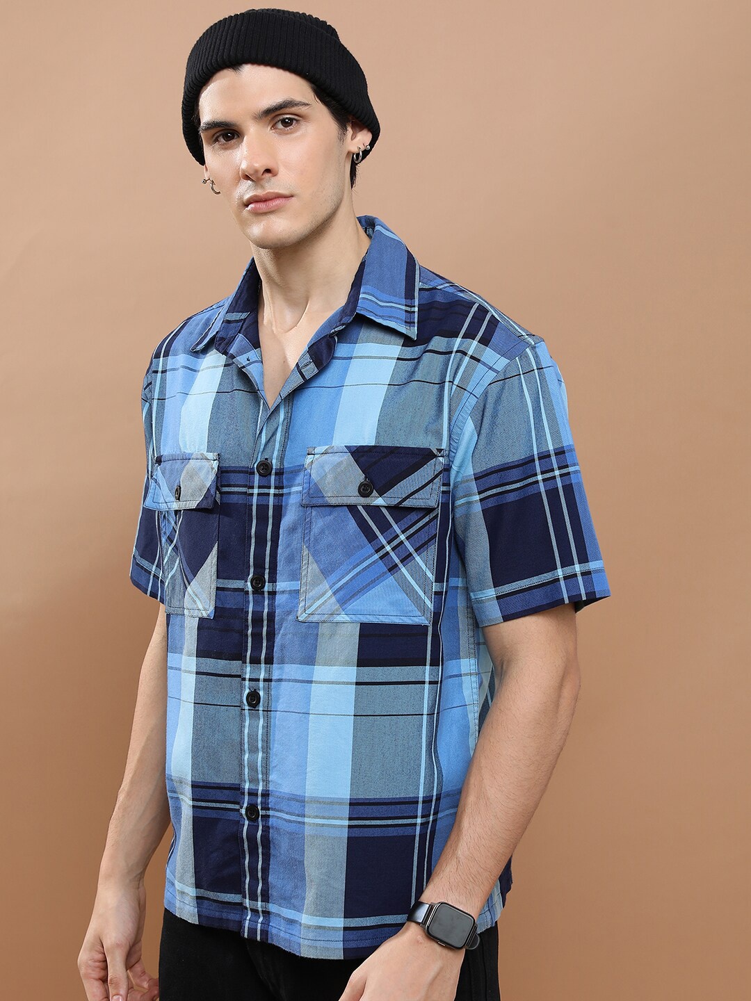 

HIGHLANDER Unisex Checked Drop-Shoulder Oversized Casual Shirt, Blue