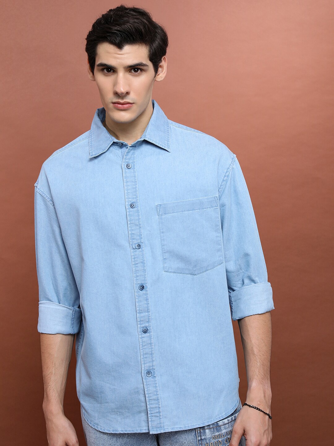 

HIGHLANDER Blue Spread Collar Drop-Shoulder Sleeves Oversized Pocket Cotton Casual Shirt