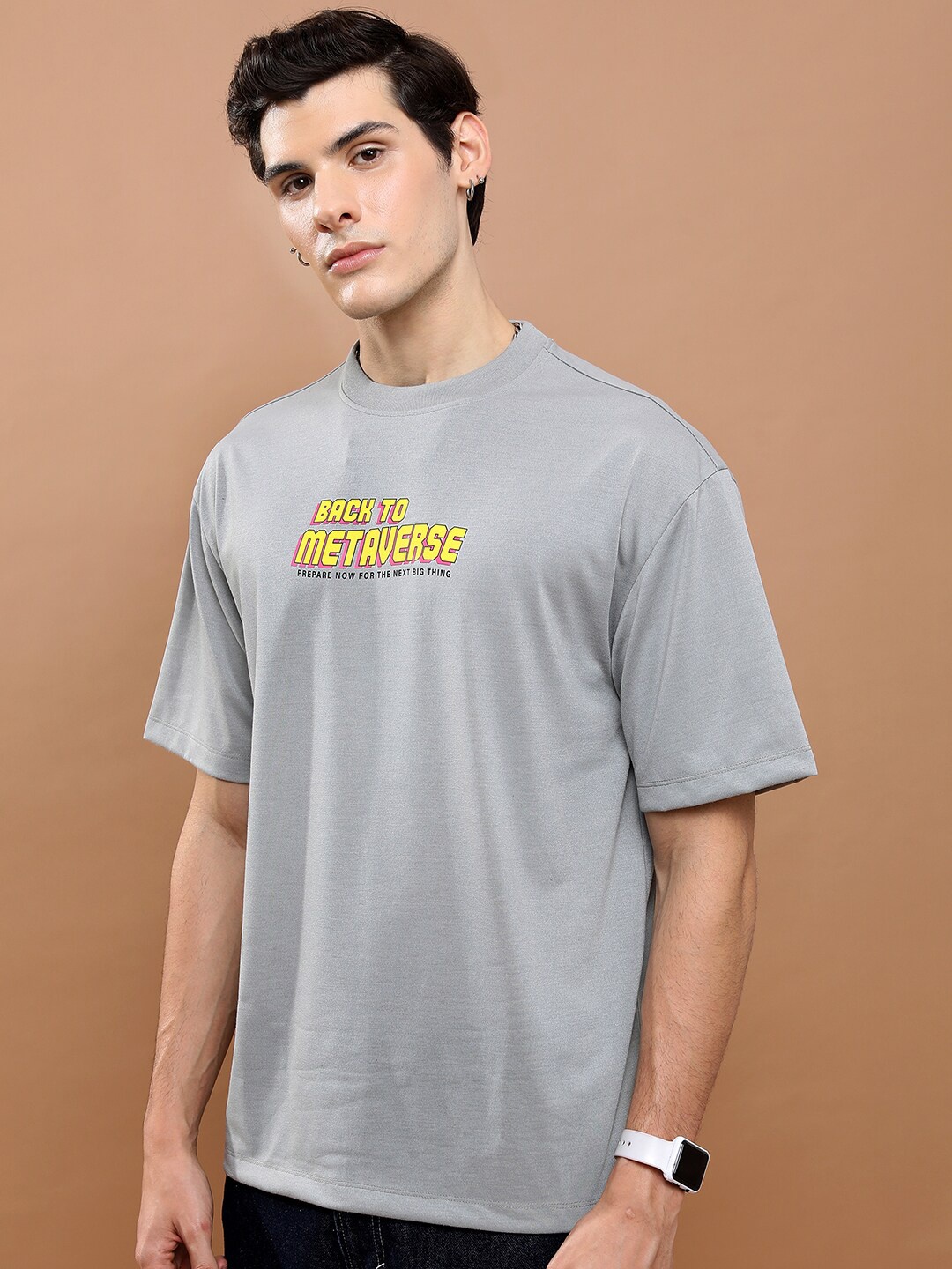 

HIGHLANDER Unisex Typography Printed Drop-Shoulder Oversized T-shirt, Grey