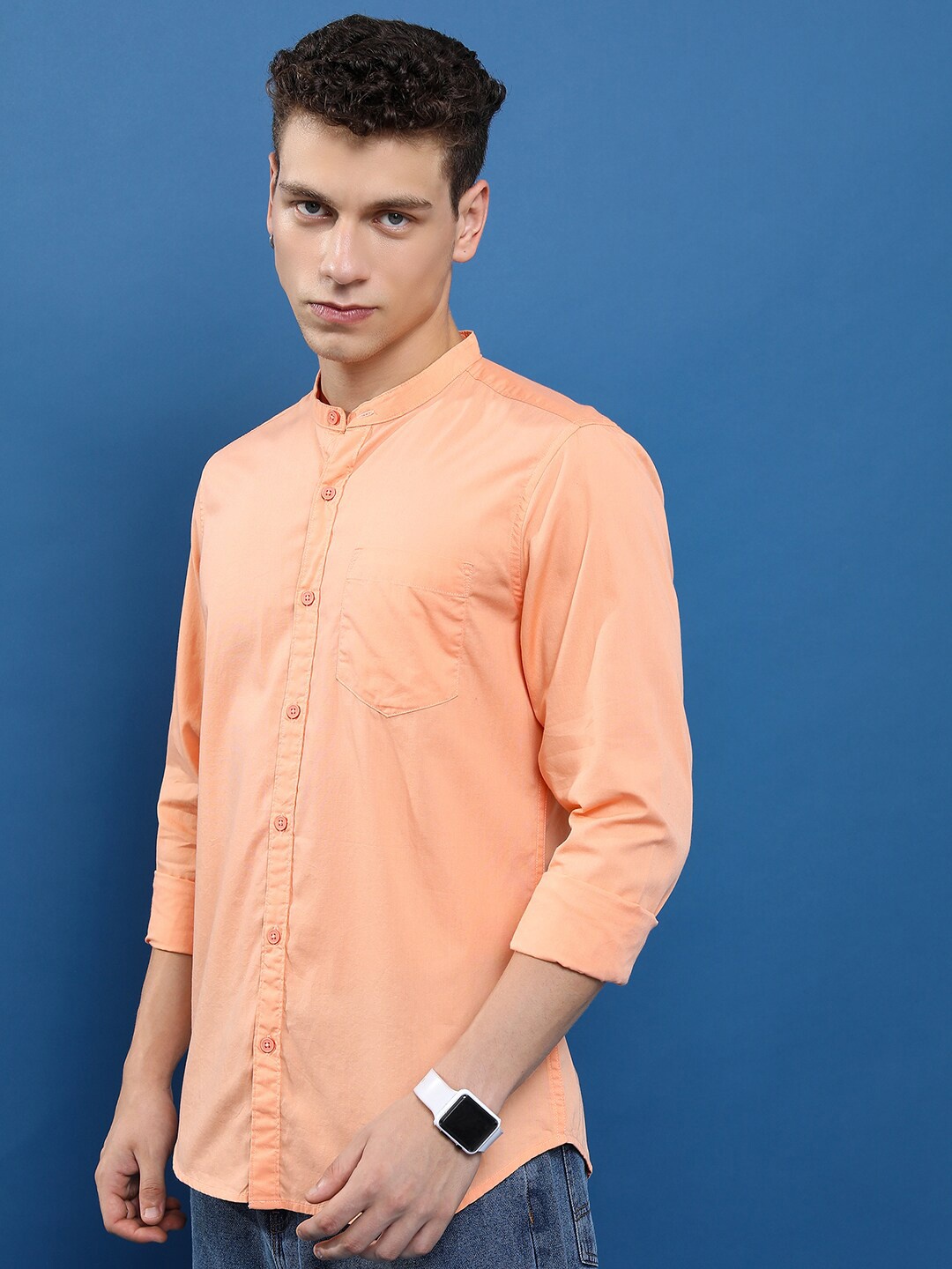 

HIGHLANDER Slim Fit Mandarin Collar Long Sleeves Cotton Casual Shirt, Peach
