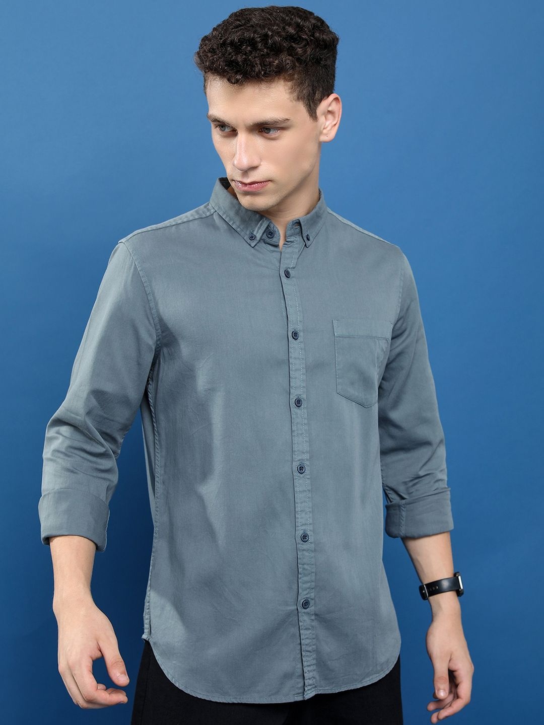 

HIGHLANDER Slim Fit Button-Down Collar Cotton Casual Shirt, Grey