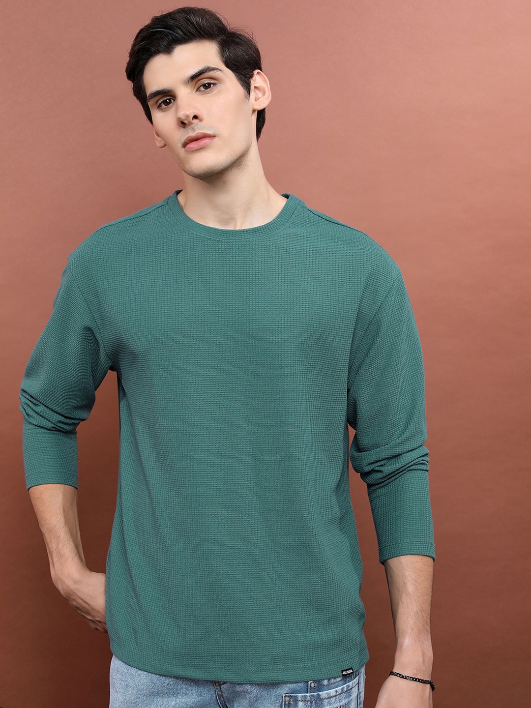 

HIGHLANDER Round Neck Oversized Popcorn structured T-shirt, Teal