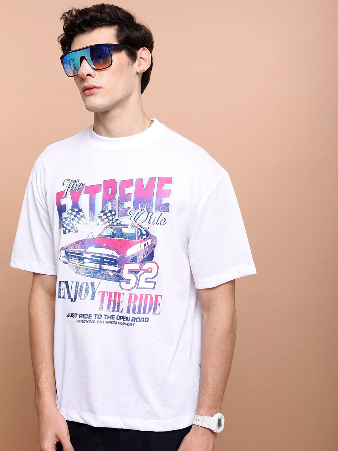HIGHLANDER Unisex Typography Printed Applique Drop-Shoulder Oversized T-shirt, White