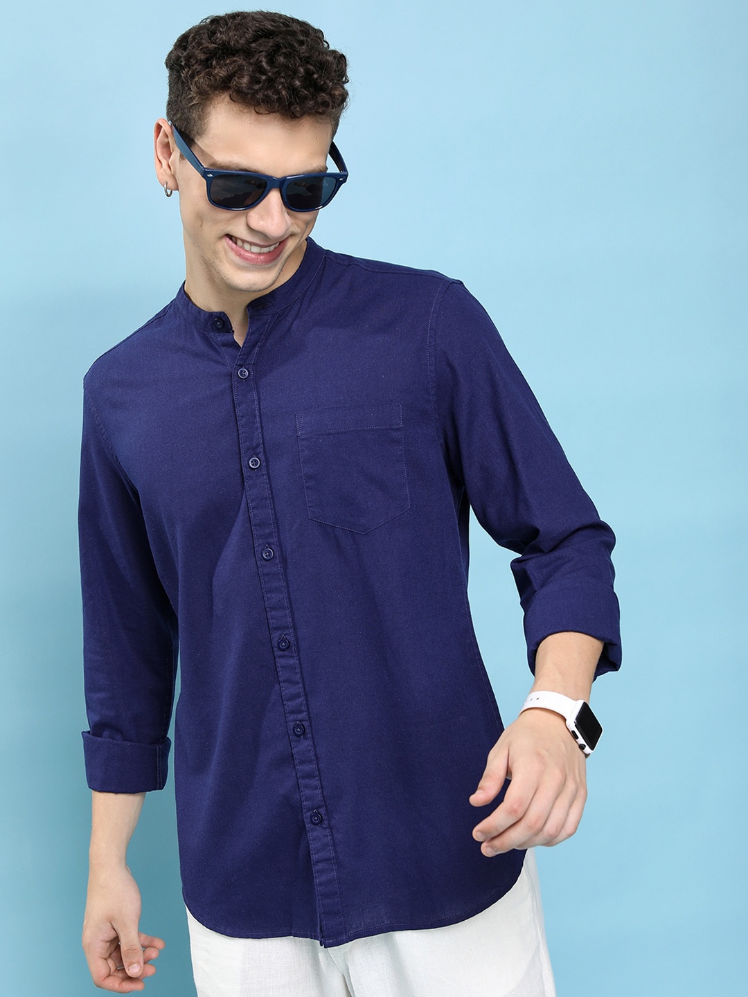 

HIGHLANDER Blue Slim Fit Band Collar Long Sleeve Pocket Cotton Casual Shirt