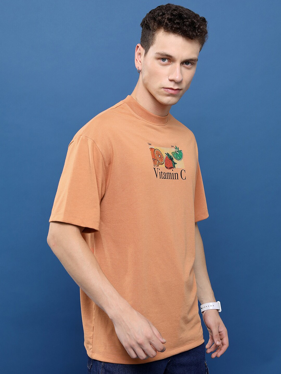 HIGHLANDER Typography Printed Round Neck Oversized T-shirt, Camel brown