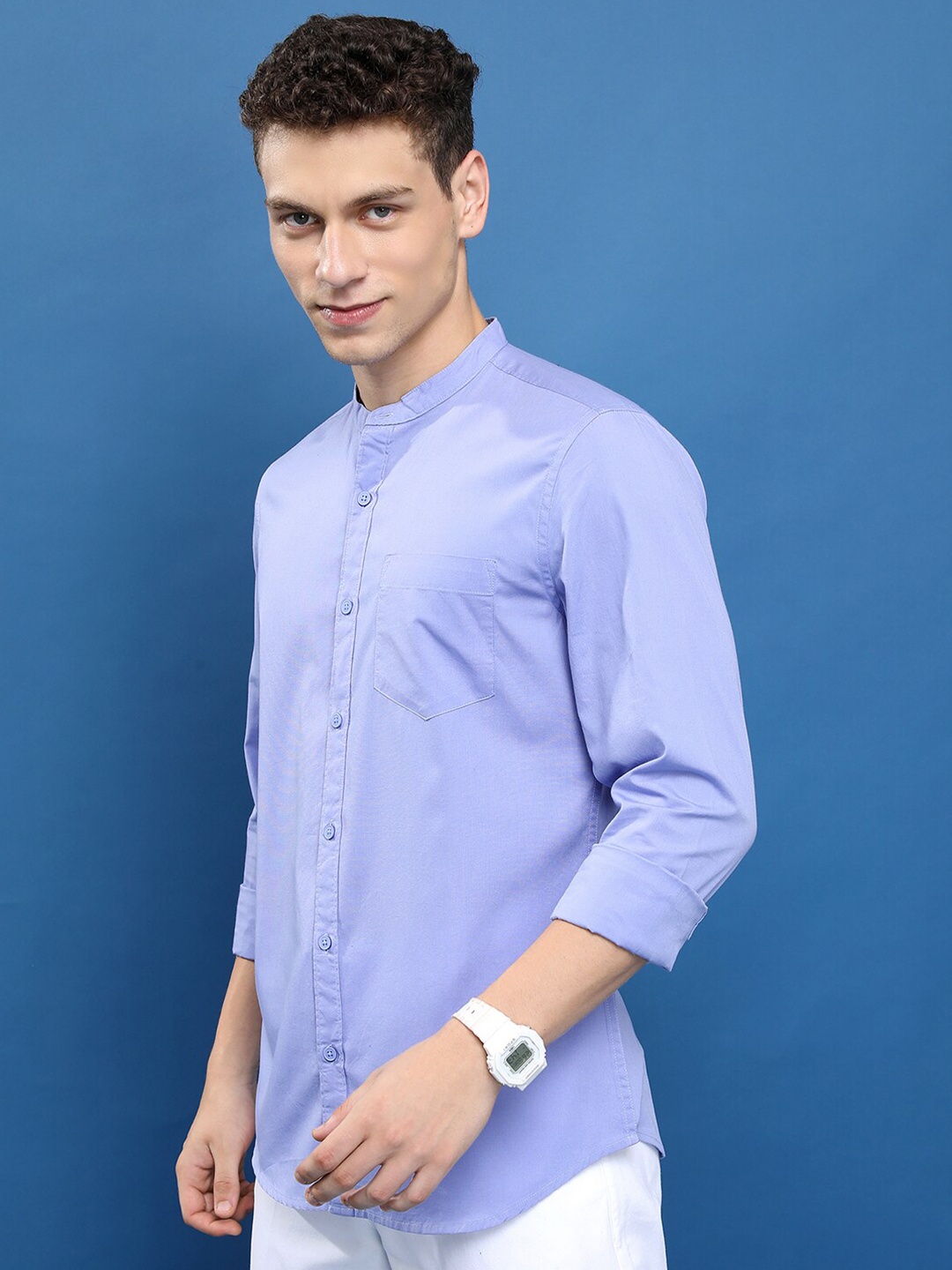 

HIGHLANDER Band Collar Slim Fit Cotton Casual Shirt, Lavender