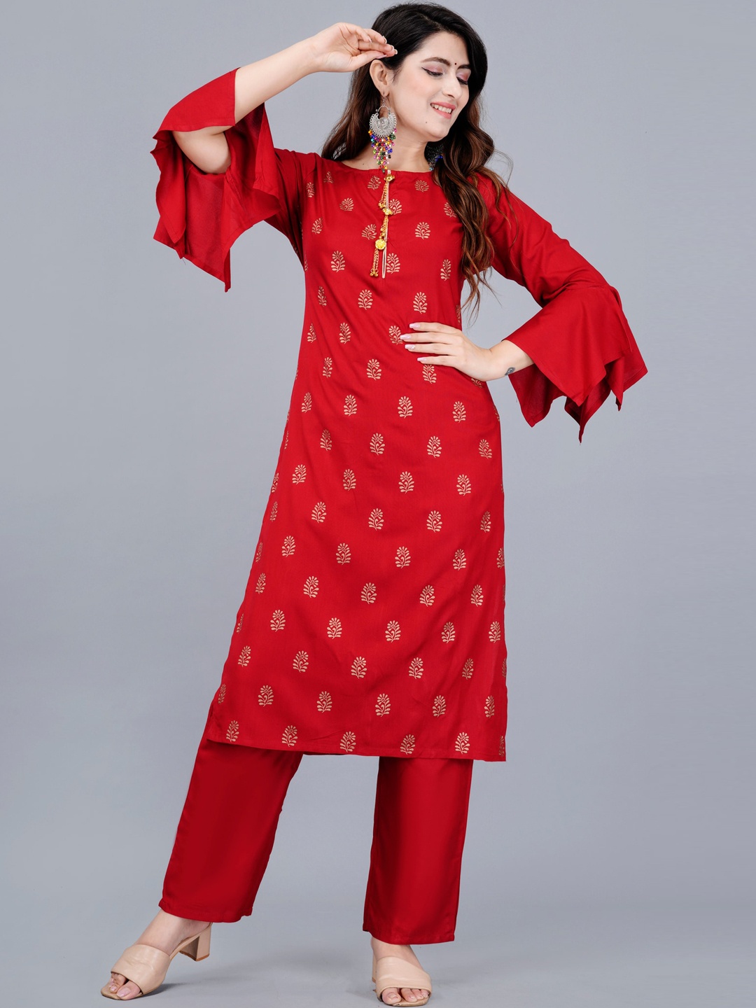 

TREND ME Ethnic Motifs Printed Regular Kurta with Palazzos, Maroon