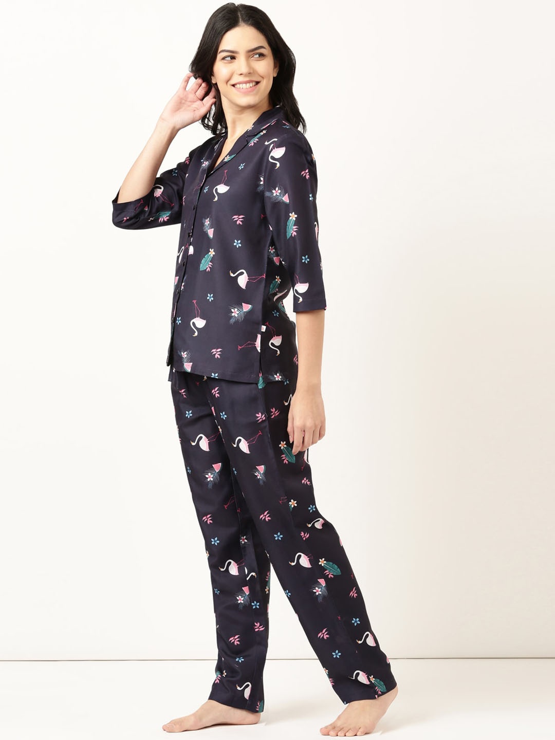 

Bannos Swagger Navy Blue Flamingo Printed Lapel Collar Night suit