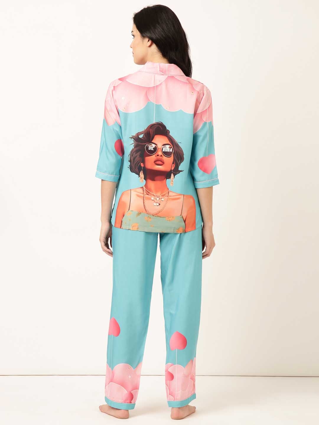 

Bannos Swagger Blue & Pink Graphic Printed Shirt With Pyjama