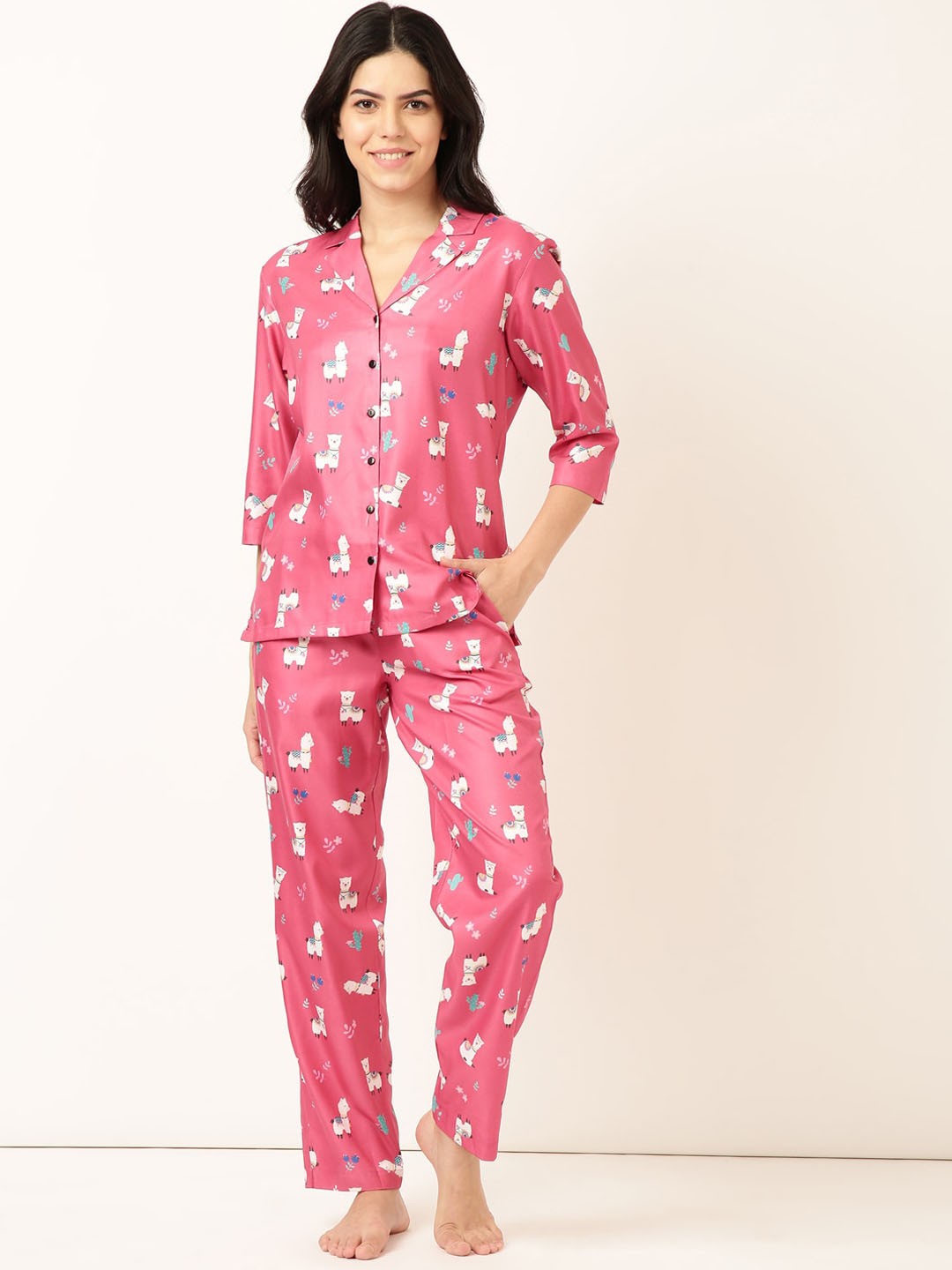 

Bannos Swagger Pink Conversational Printed Lapel Collar Night suit