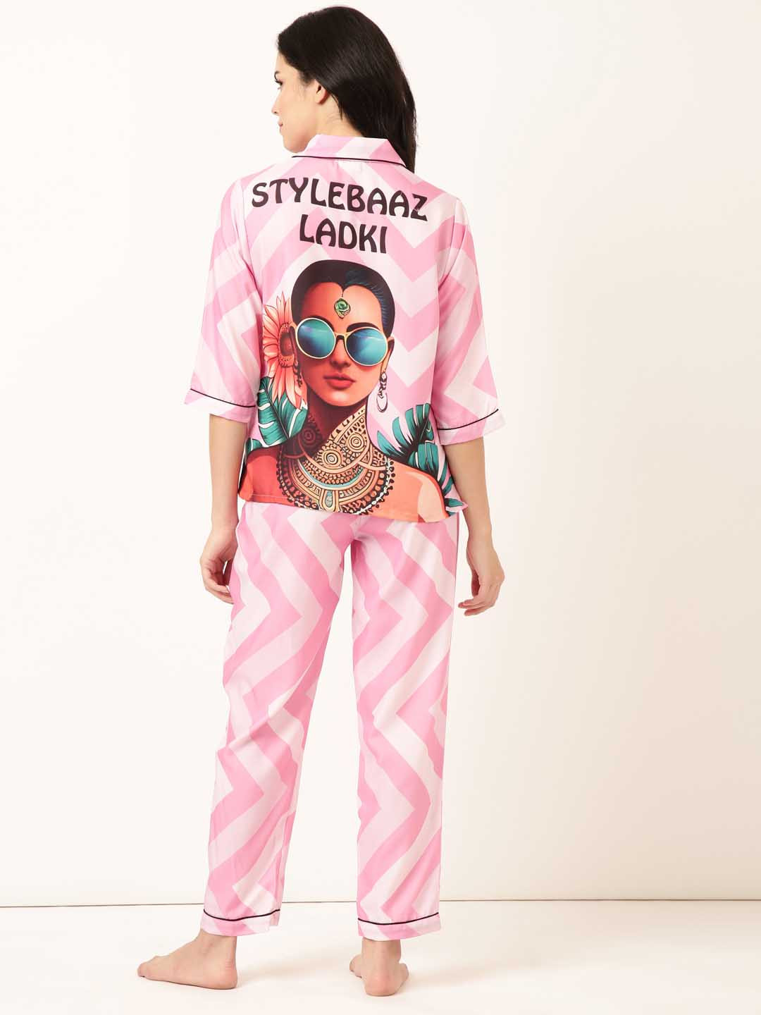 

Bannos Swagger Pink Chevron Printed Lapel Collar Night suit