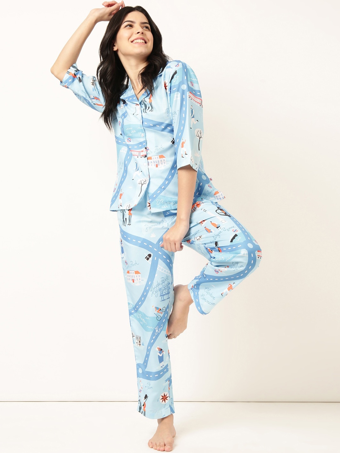

Bannos Swagger Blue Conversational Printed Lapel Collar Night suit