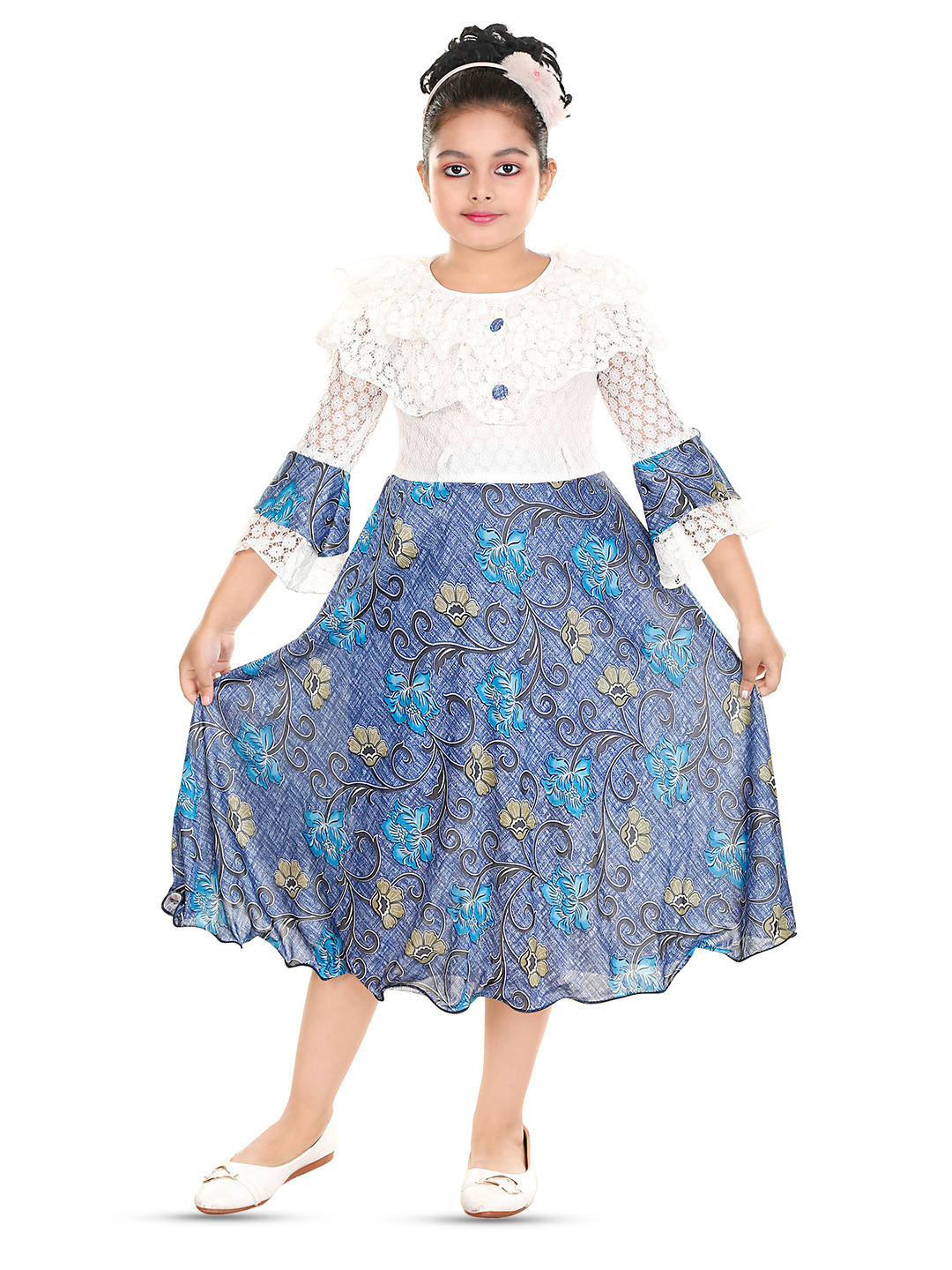 

BAESD Girls Floral Printed Bell Sleeve Fit & Flare Midi Dress, Blue