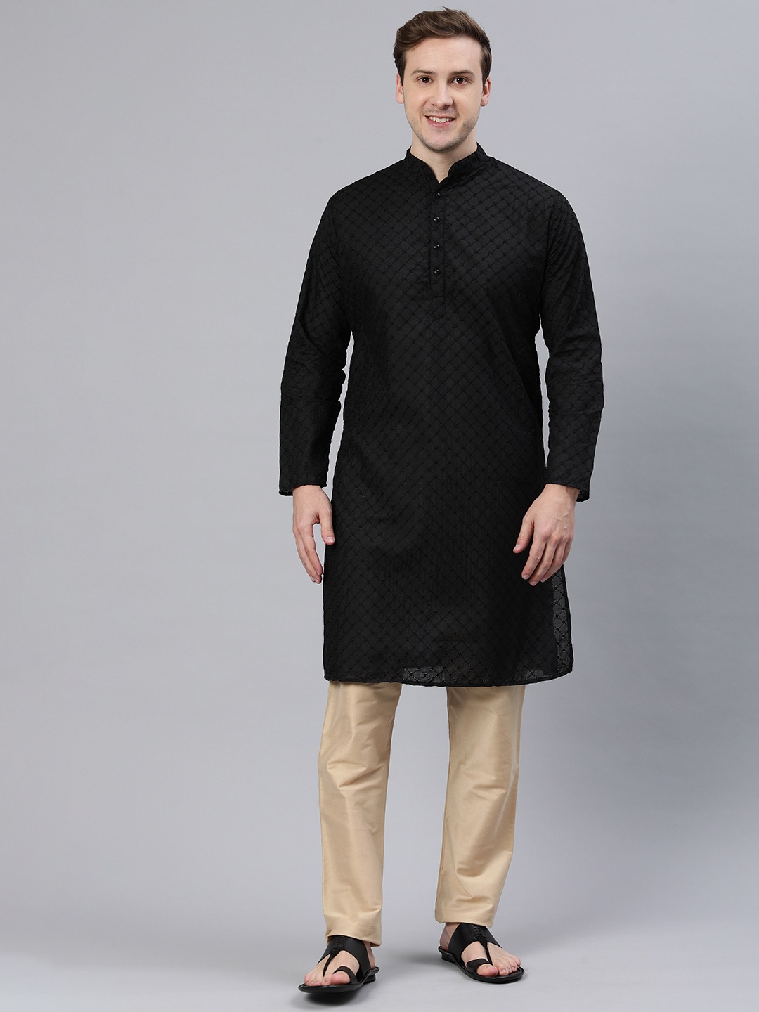 

Majestic Man Mandarin Collar Ethnic Motifs Embroidered Kurta, Black