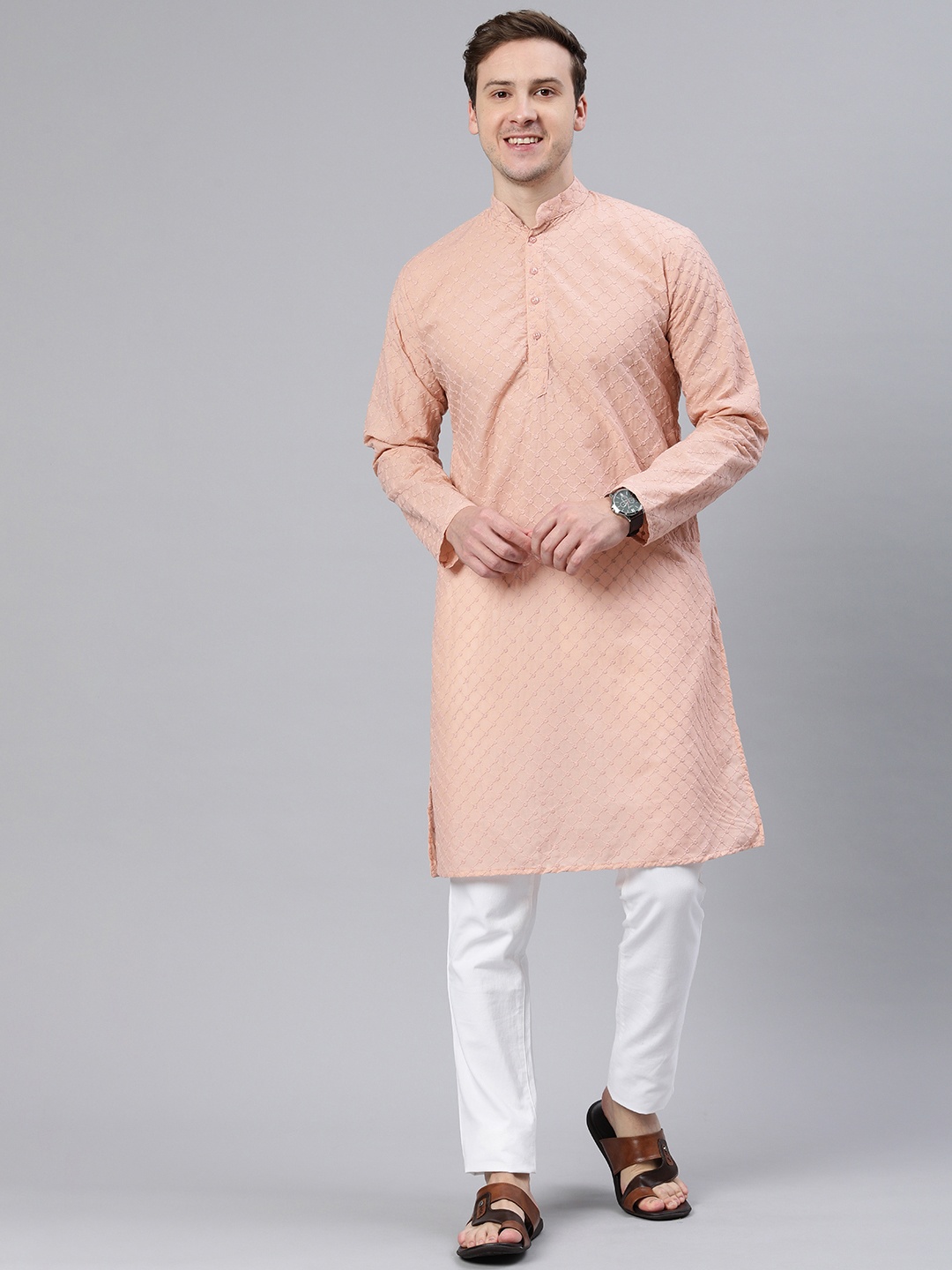 

Majestic Man Mandarin Collar Ethnic Motifs Embroidered Kurta, Peach