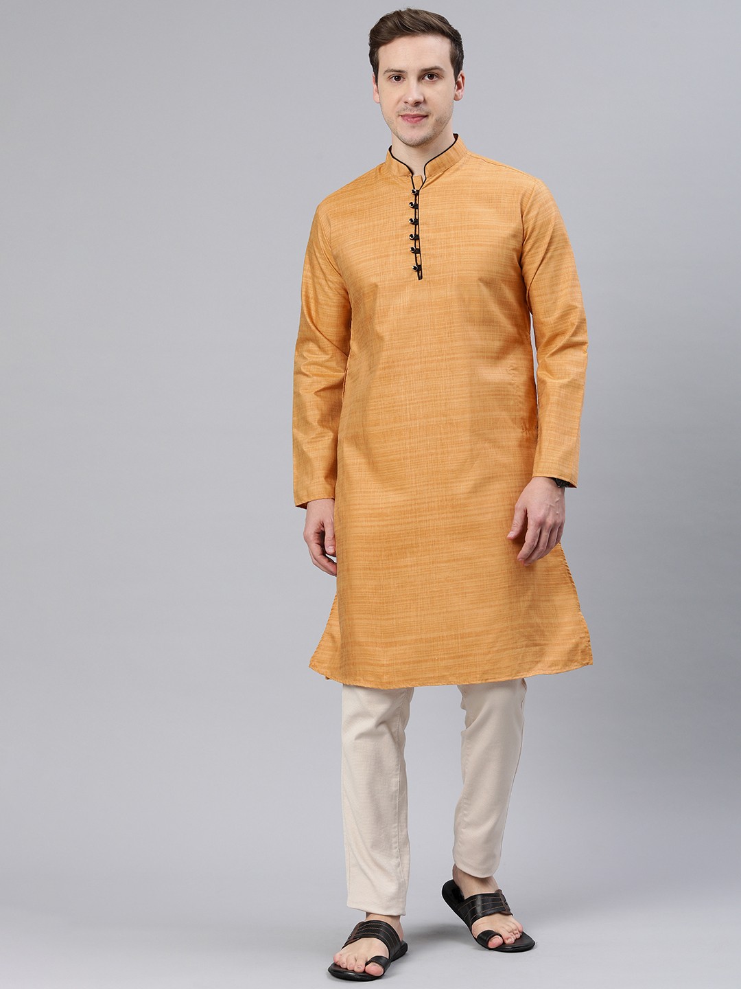 

Majestic Man Mandarin Collar Woven Design Kurta, Brown
