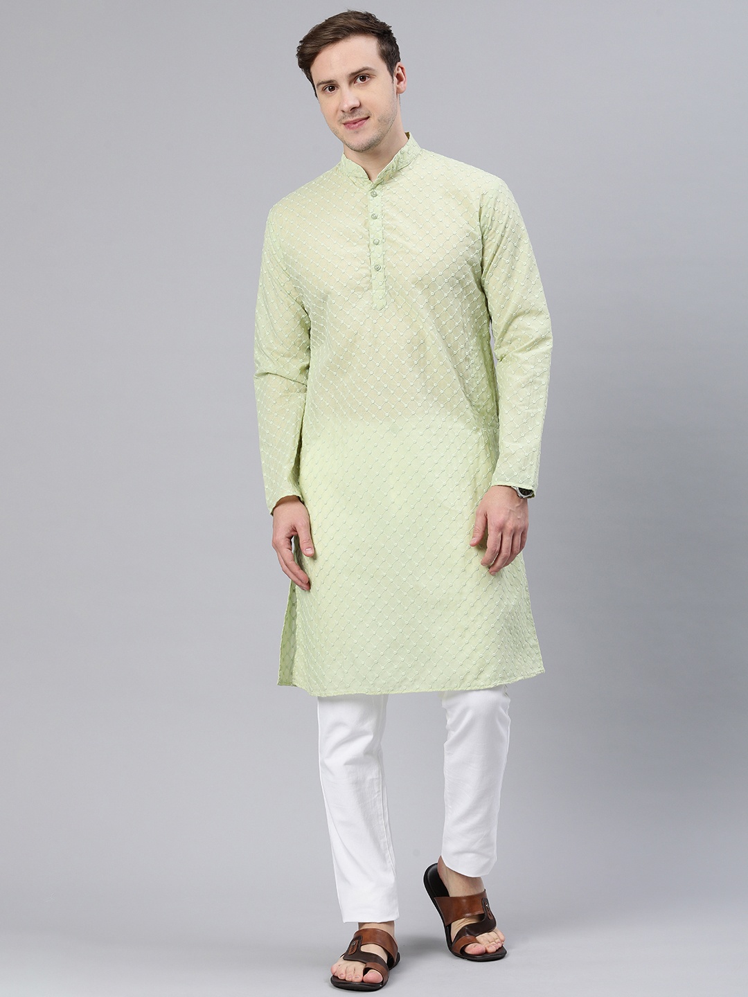 

Majestic Man Mandarin Collar Ethnic Motifs Embroidered Kurta, Green