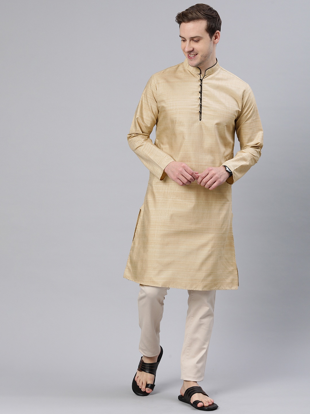 

Majestic Man Mandarin Collar Woven Design Kurta, Cream