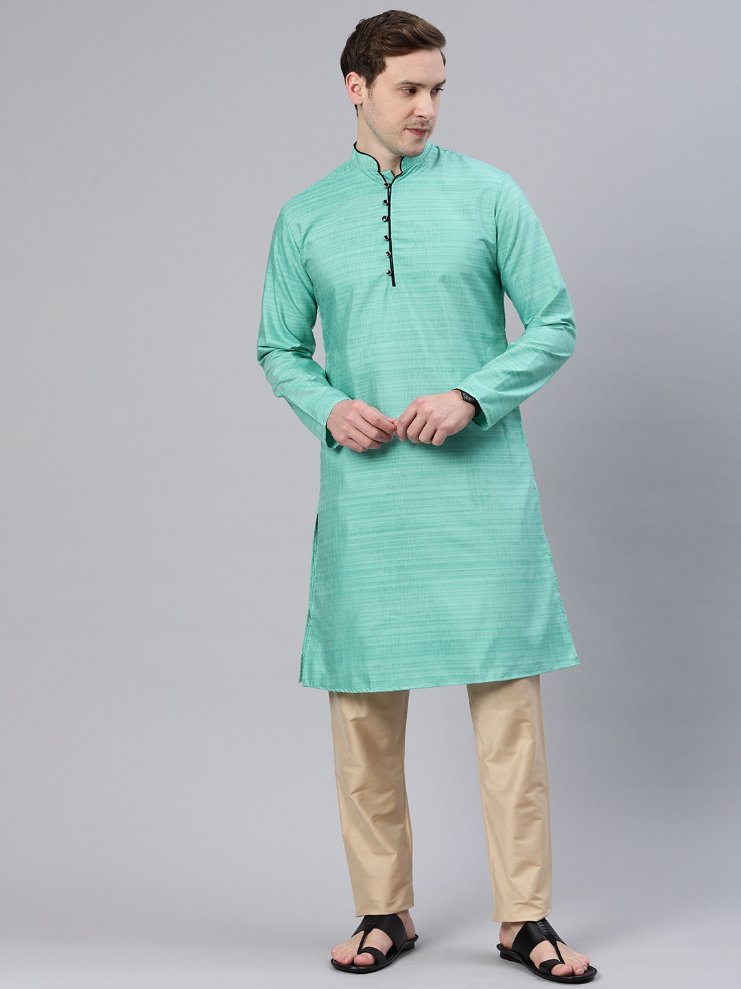 

Majestic Man Mandarin Collar Woven Design Kurta, Teal