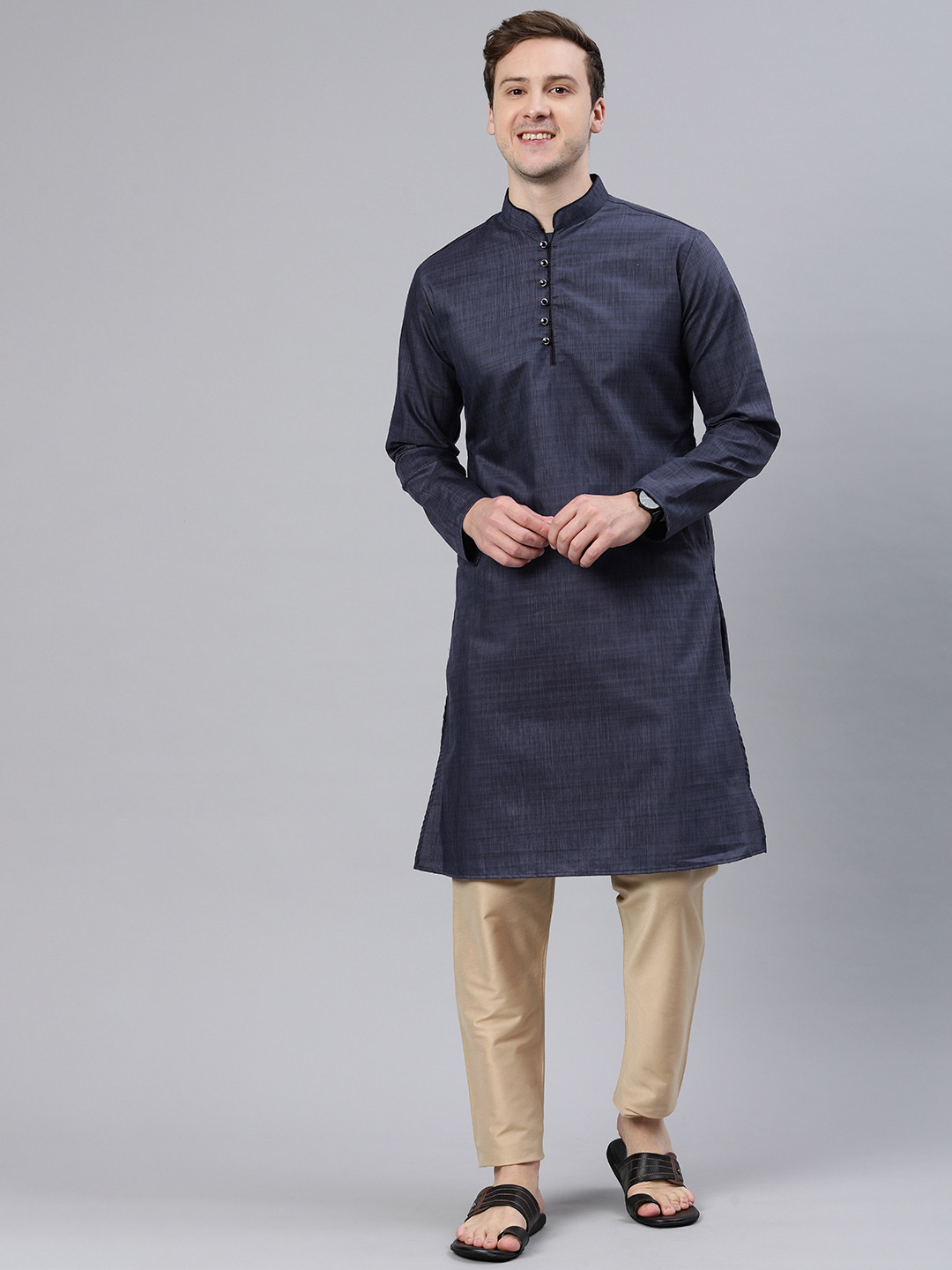 

Majestic Man Mandarin Collar Woven Design Kurta, Navy blue