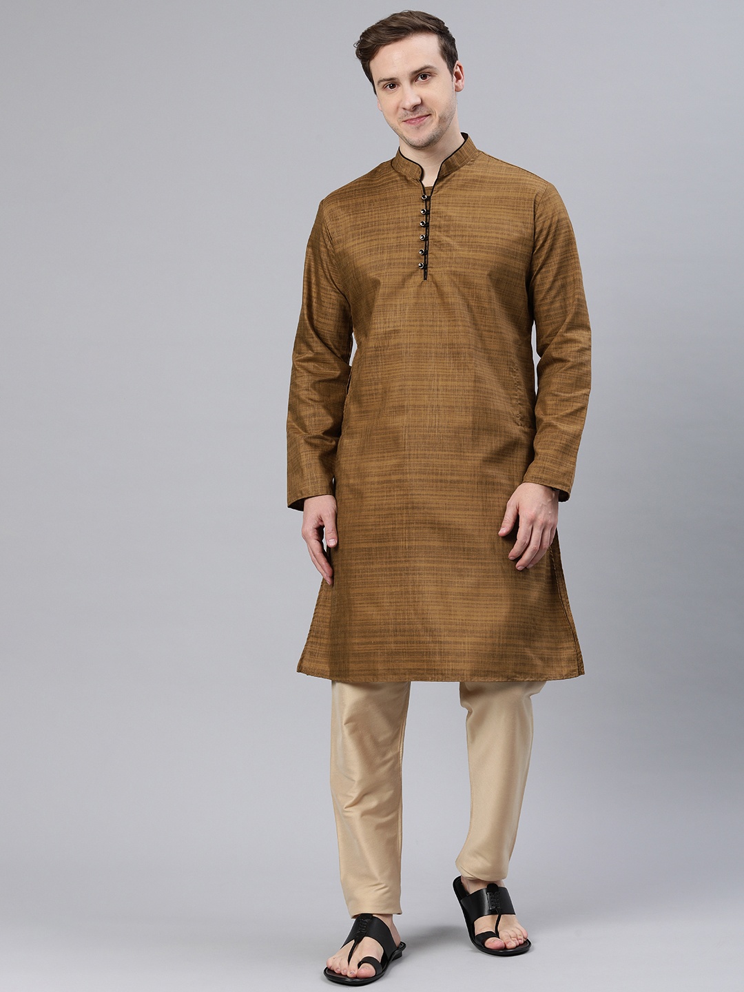 

Majestic Man Mandarin Collar Woven Design Kurta, Brown