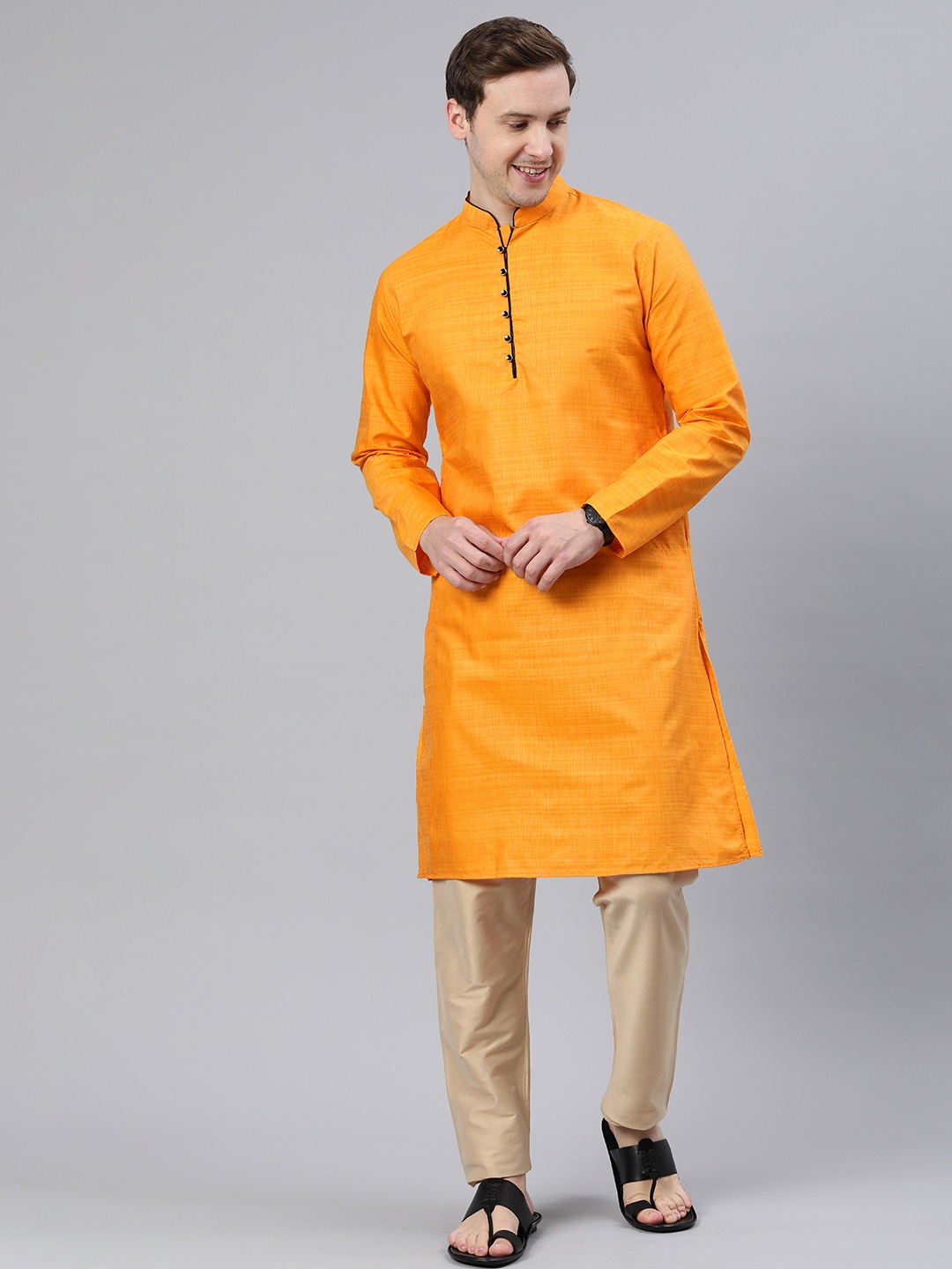 

Majestic Man Mandarin Collar Woven Design Kurta, Mustard