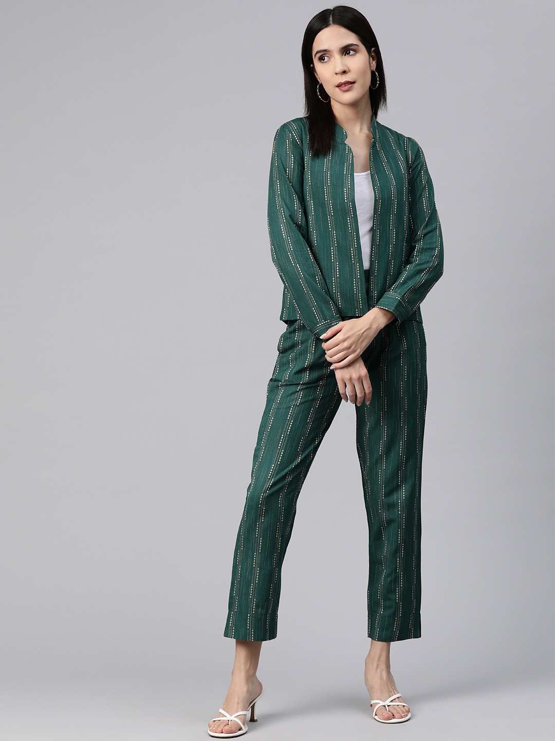 

Cottinfab Women Striped Cotton Coat with Trousers Co-ords Sets, Teal