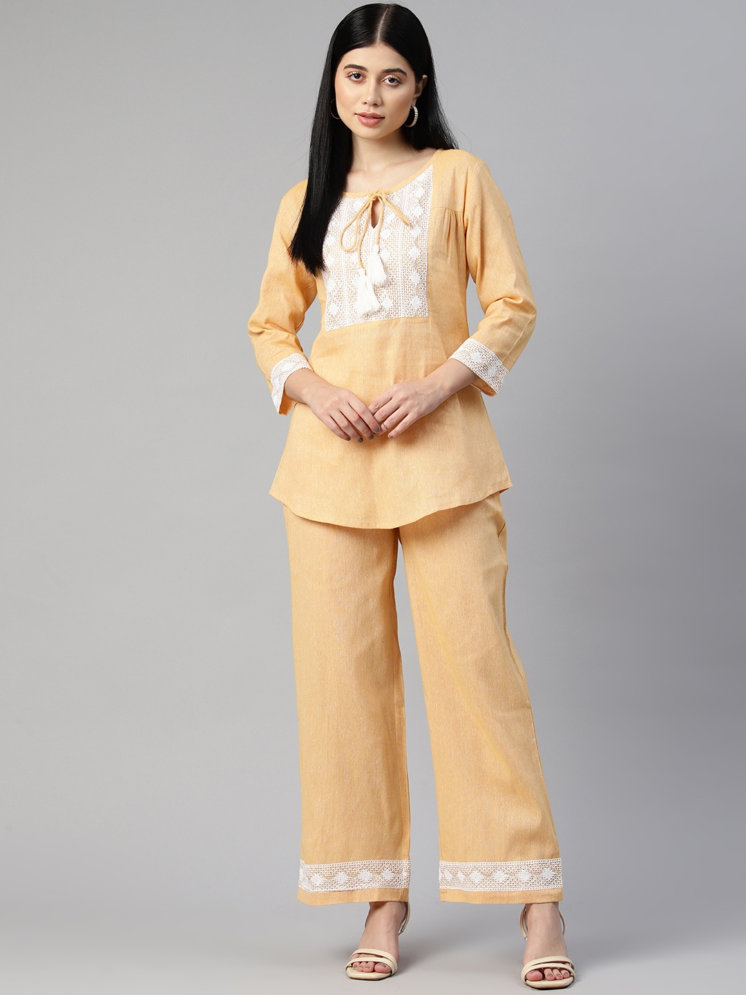 

Cottinfab Women Yoke Design Tie-Up Neck Cotton Top with Trousers, Yellow