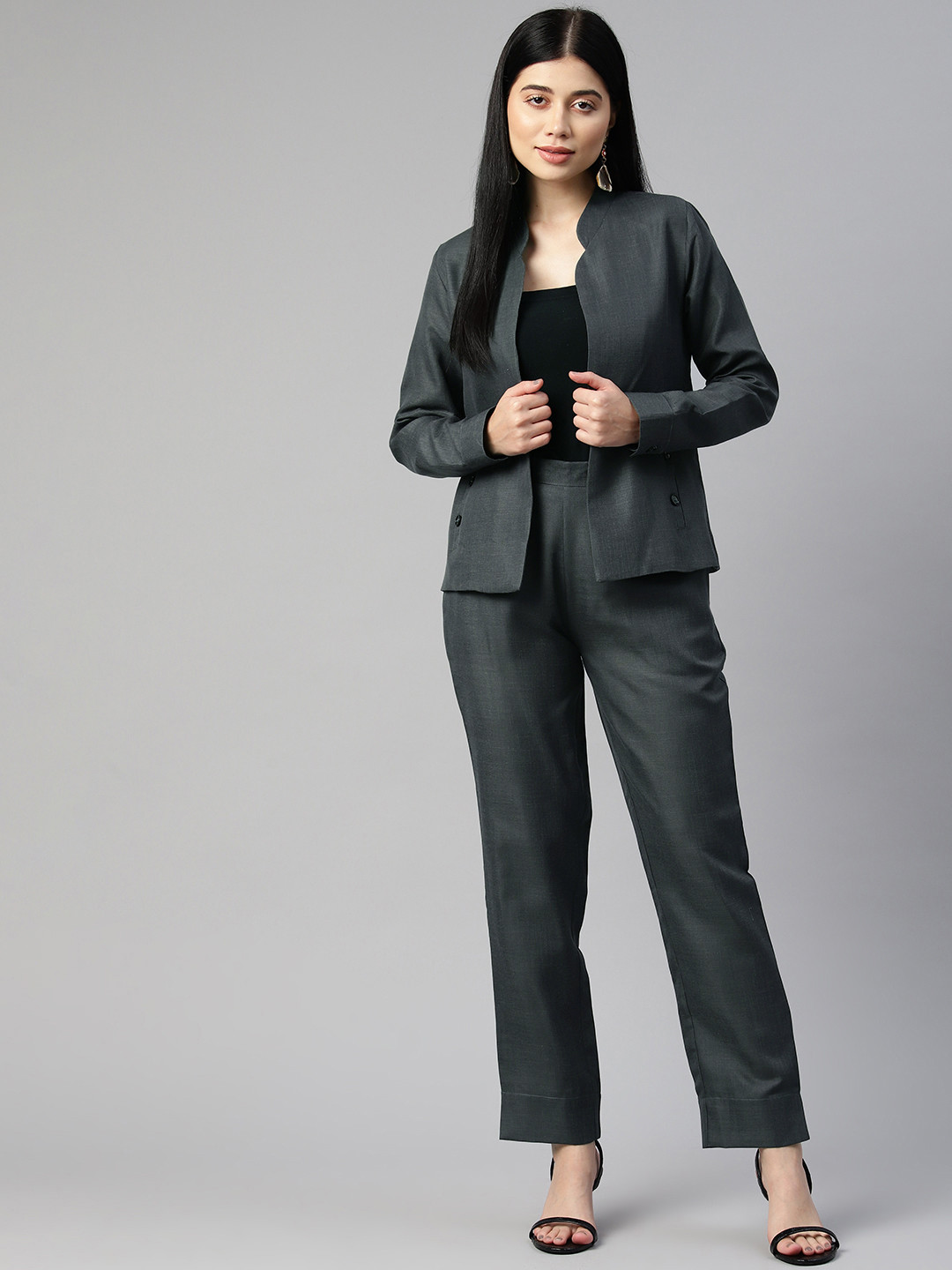 

Cottinfab Women Solid Blazer with Trousers Co-ord Sets, Grey