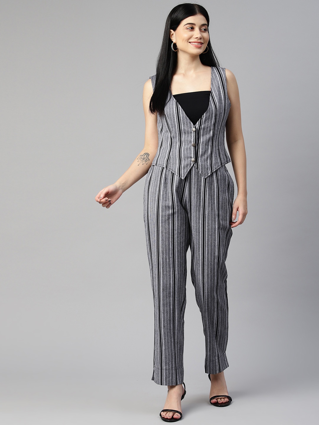 

Cottinfab Women Striped Cotton Waistcoat and Trousers Co-Ord Set, Grey