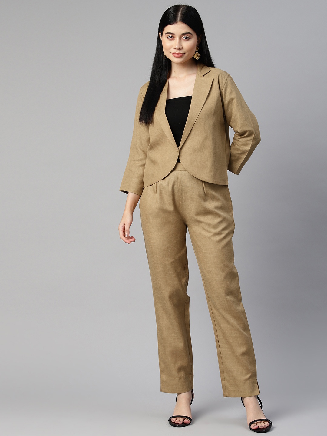 

Cottinfab Women Solid Blazers and Trousers Co-Ord Set, Brown