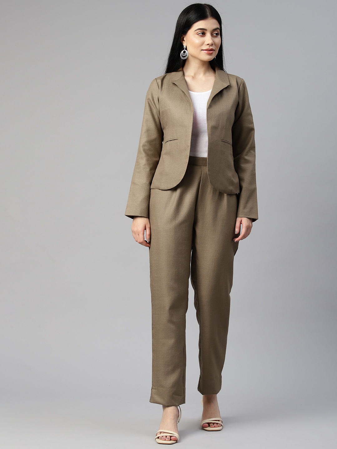 

Cottinfab Women Solid Blazers with Trousers Co-ord Sets, Brown