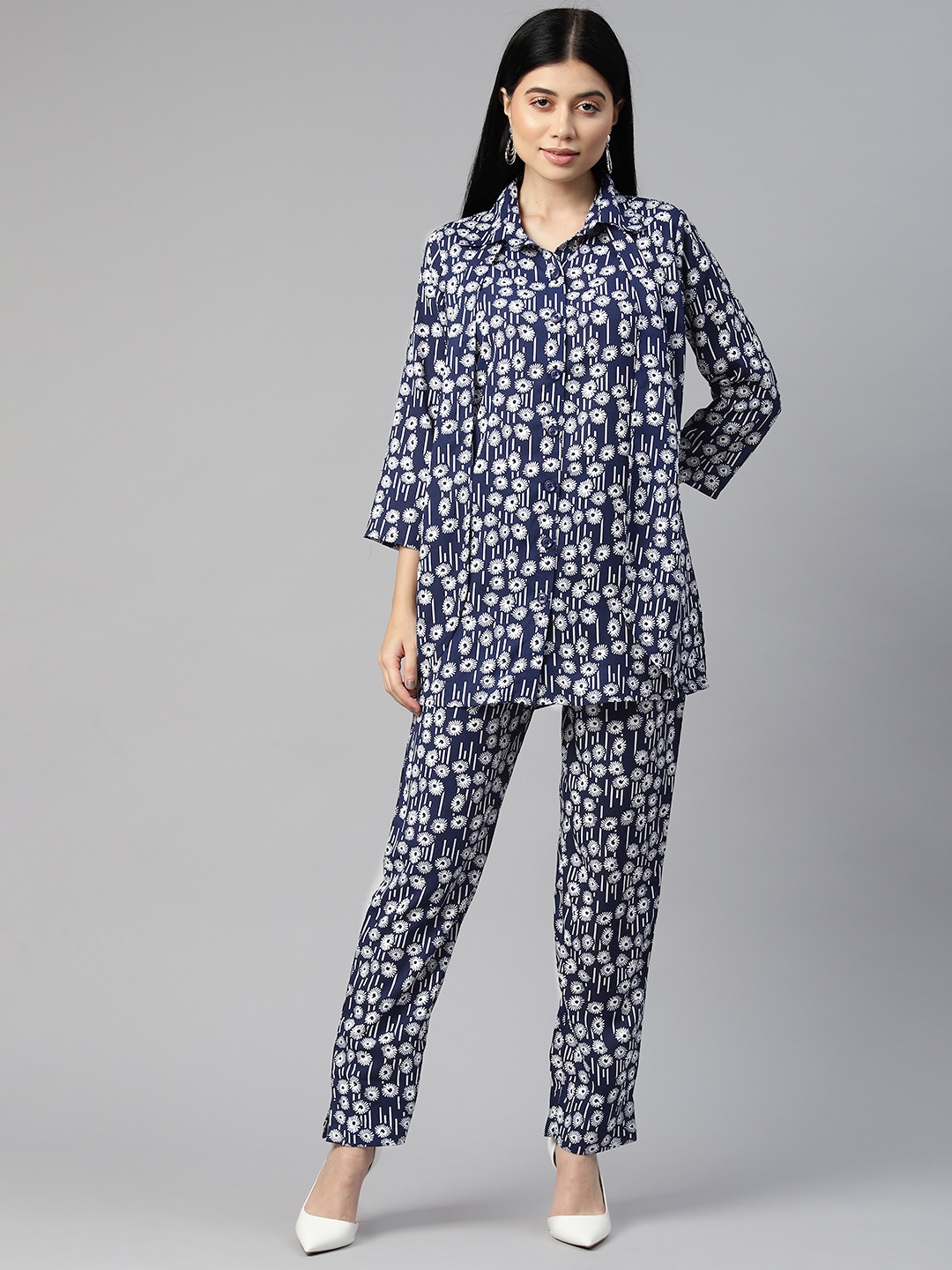 

Cottinfab Women Printed Shirt with Trousers Co-ords, Navy blue