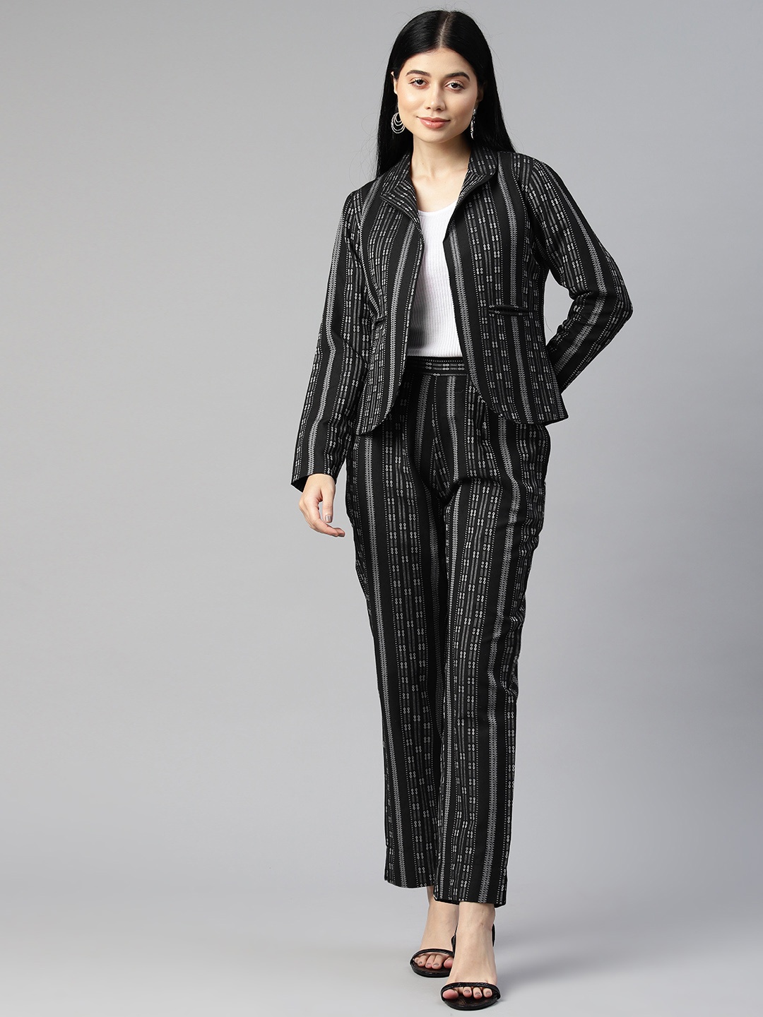 

Cottinfab Women Striped Cotton Blazers & Trousers Co-ord Set, Black