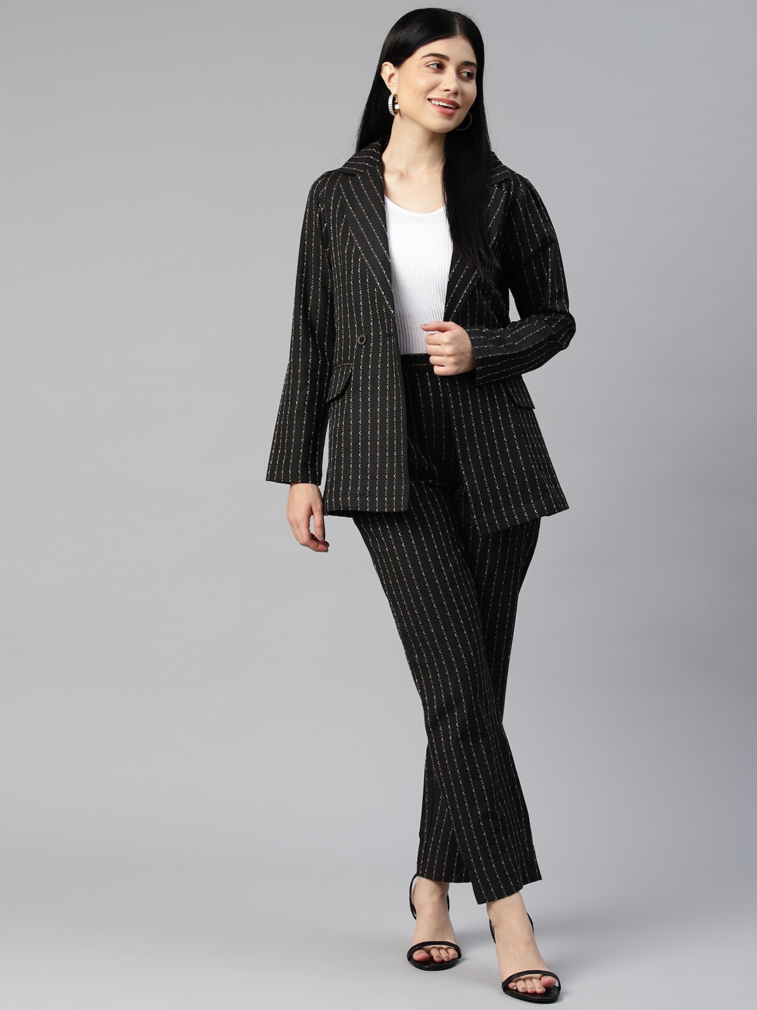 

Cottinfab Women Striped Cotton Blazers and Trousers Co-ord Set, Black