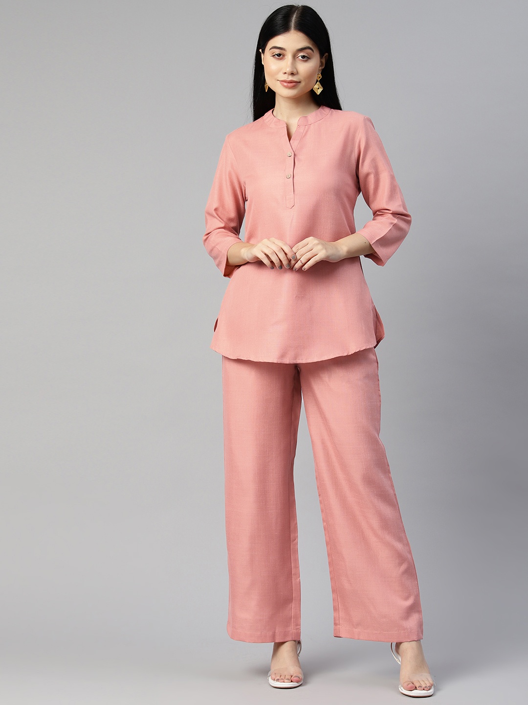 

Cottinfab Women Solid Mandarin Neck Top with Trousers Co-ord Set, Peach