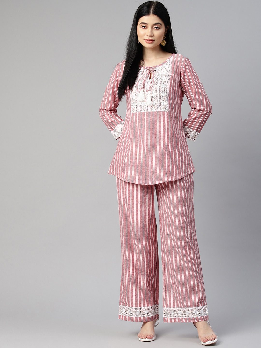 

Cottinfab Women Yoke Design Cotton Top with Trousers, Pink