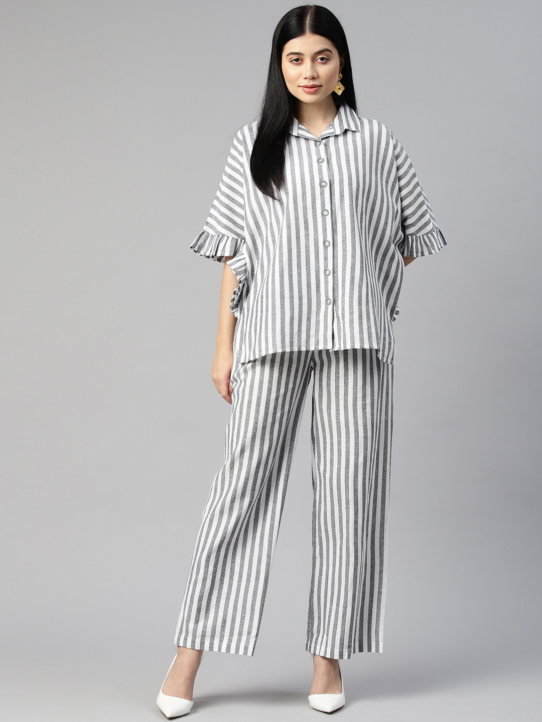 

Cottinfab Women Striped Shirt with Trousers, Grey