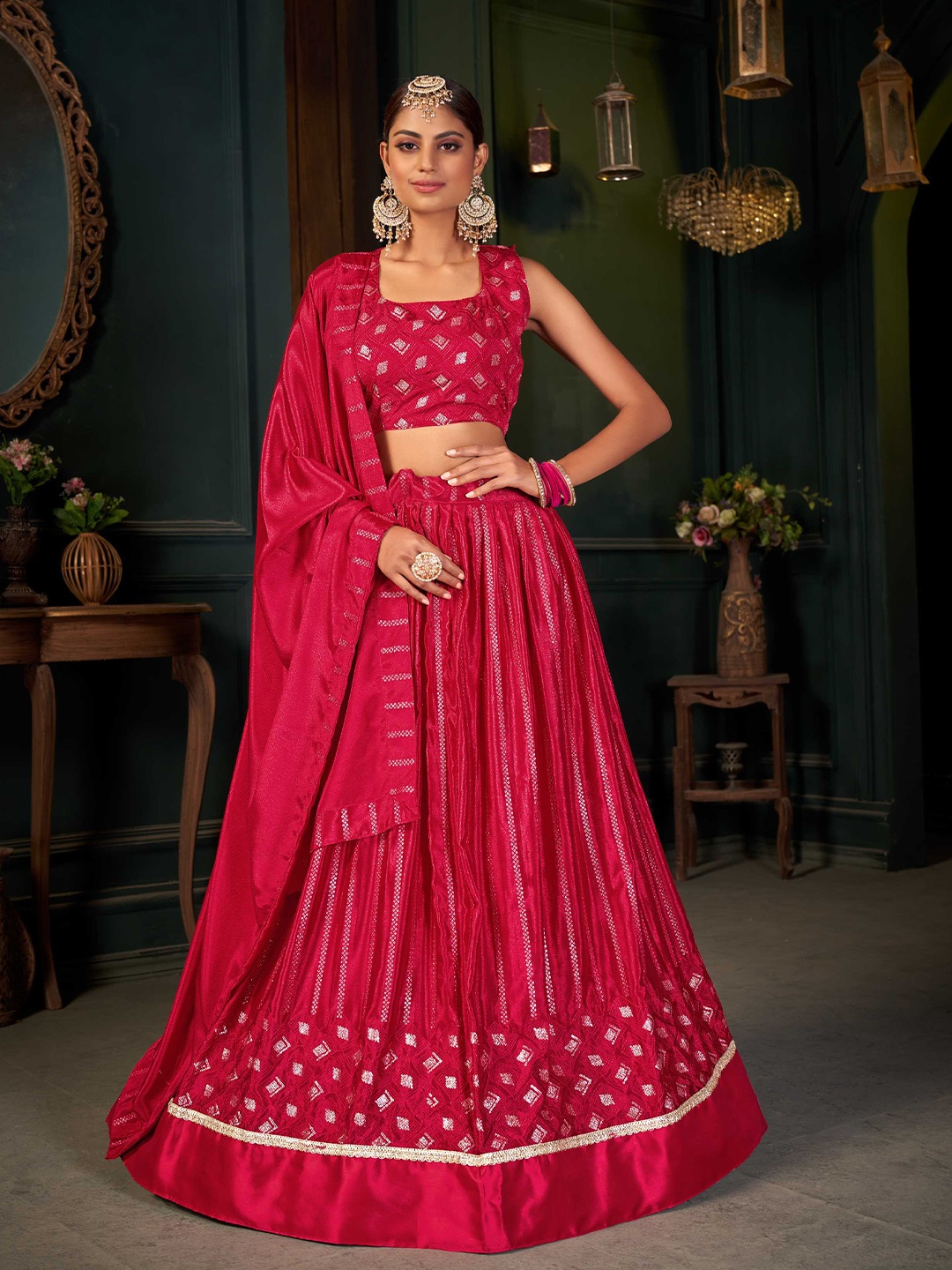 

Panzora Embroidered Sequinned Semi-Stitched Lehenga & Blouse With Dupatta, Pink