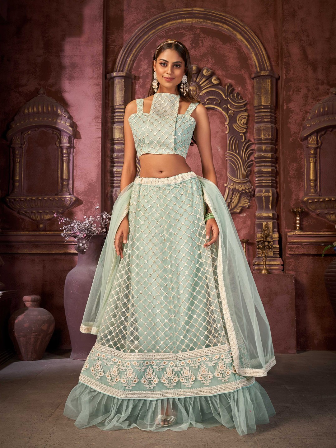 

Panzora Embroidered Sequinned Semi-Stitched Lehenga & Blouse With Dupatta, Blue