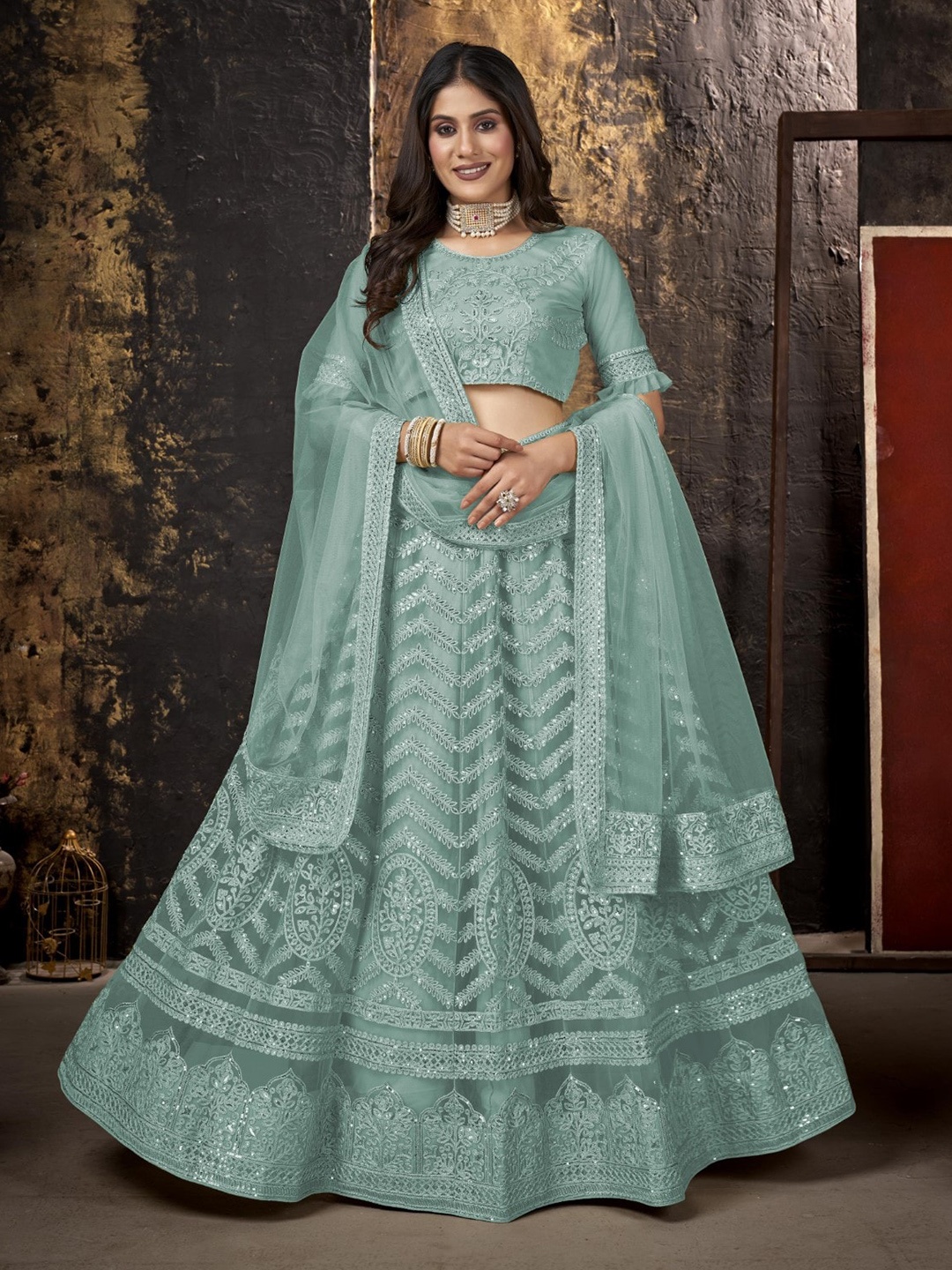

Panzora Embroidered Sequinned Semi-Stitched Lehenga & Blouse With Dupatta, Blue