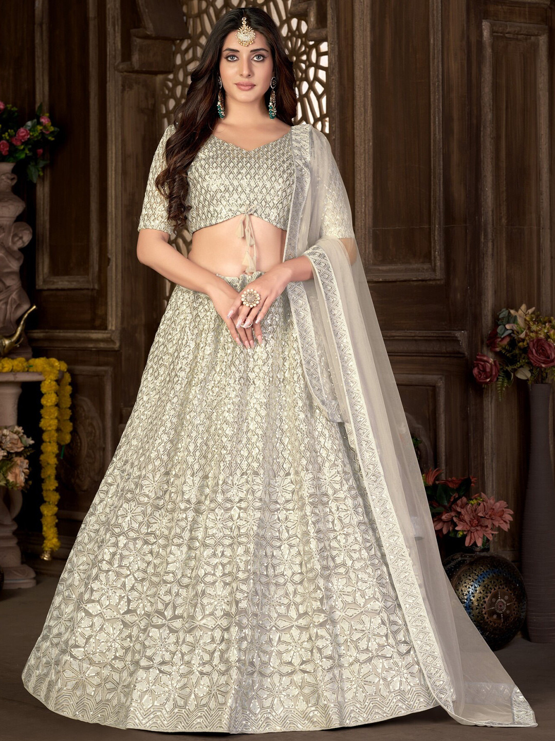 

Panzora Embroidered Sequinned Semi-Stitched Lehenga & Blouse With Dupatta, Beige