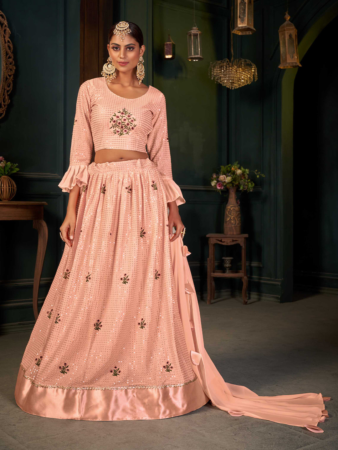 

Panzora Embroidered Sequinned Semi-Stitched Lehenga & Blouse With Dupatta, Peach