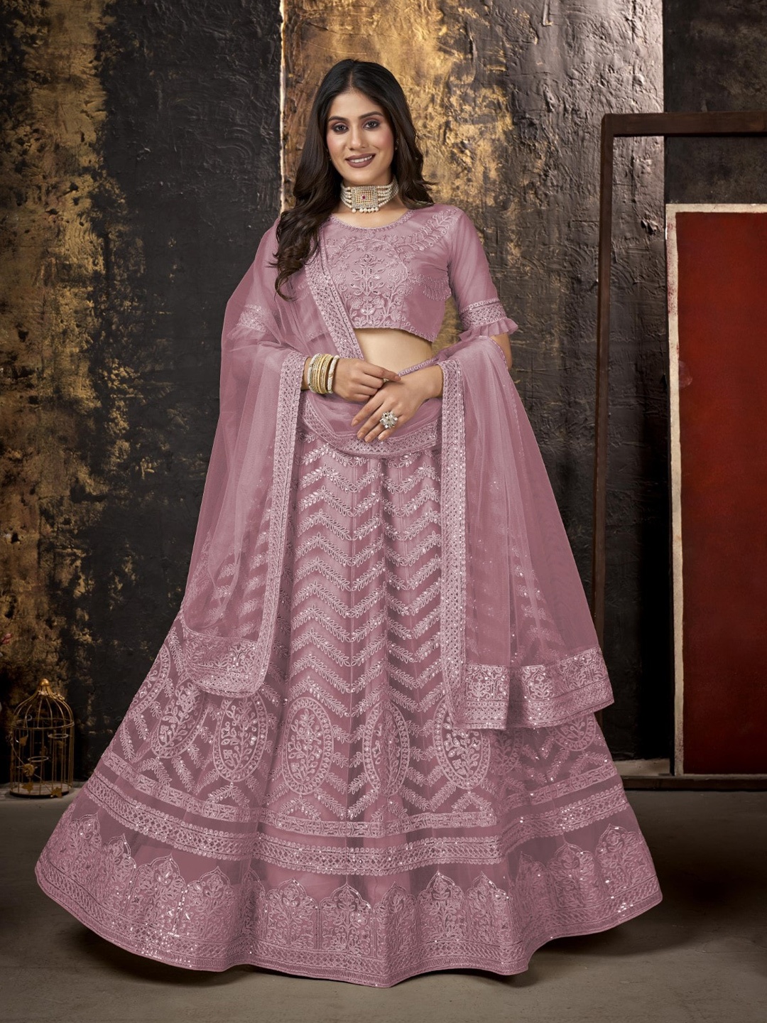 

Panzora Embroidered Sequinned Semi-Stitched Lehenga & Blouse With Dupatta, Pink